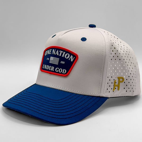 Cap with 'One Nation Under God' patch on a gray background